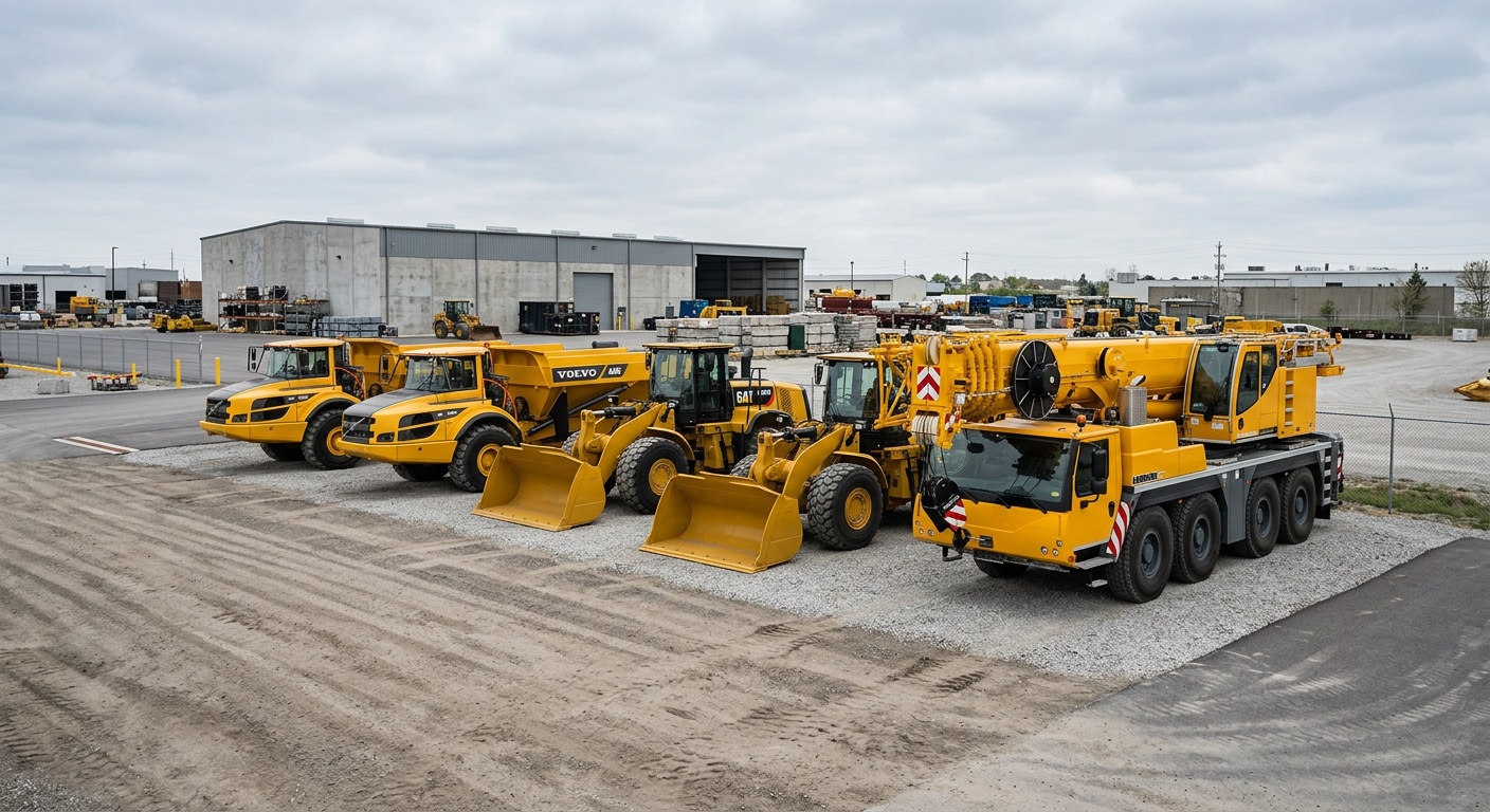 Wheel loaders, dump trucks and a crane parked in an equipment yard