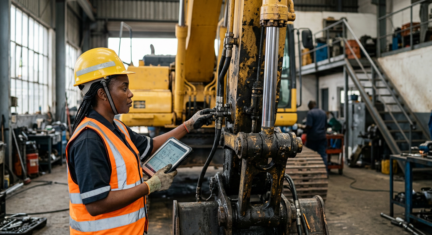 Engineer inspecting the hydraulic arm of an excavator