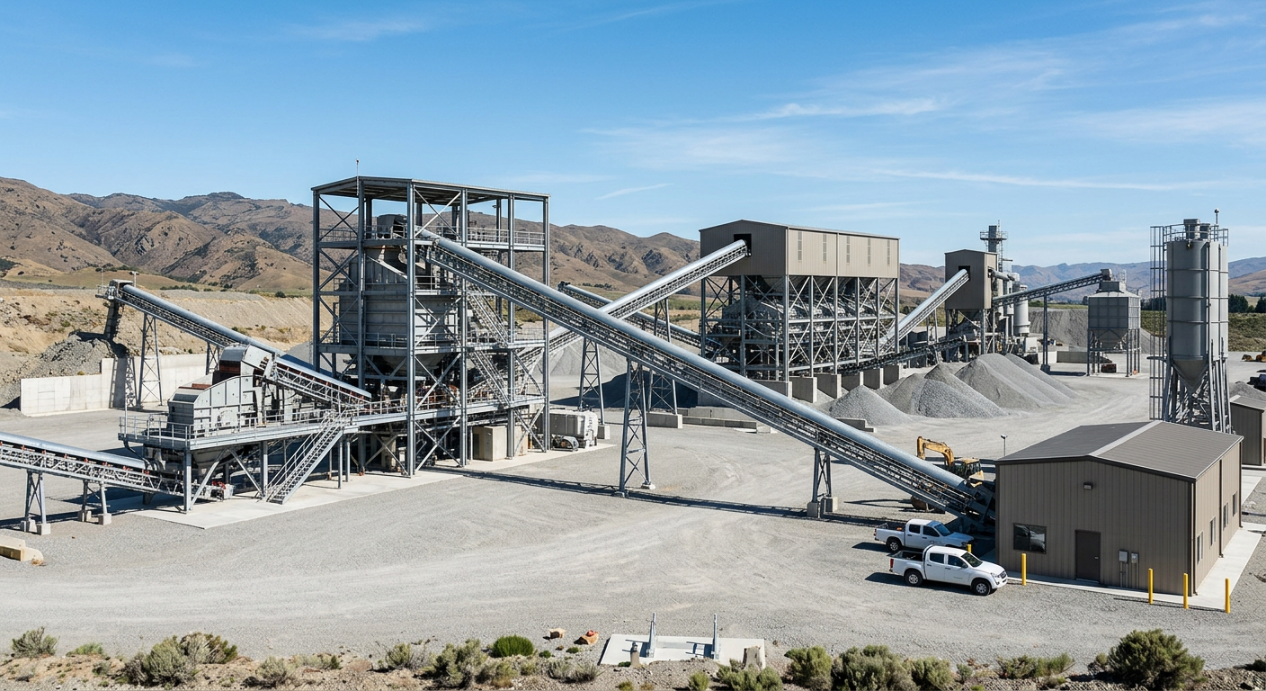 Industrial processing plant with steel structures and conveyors